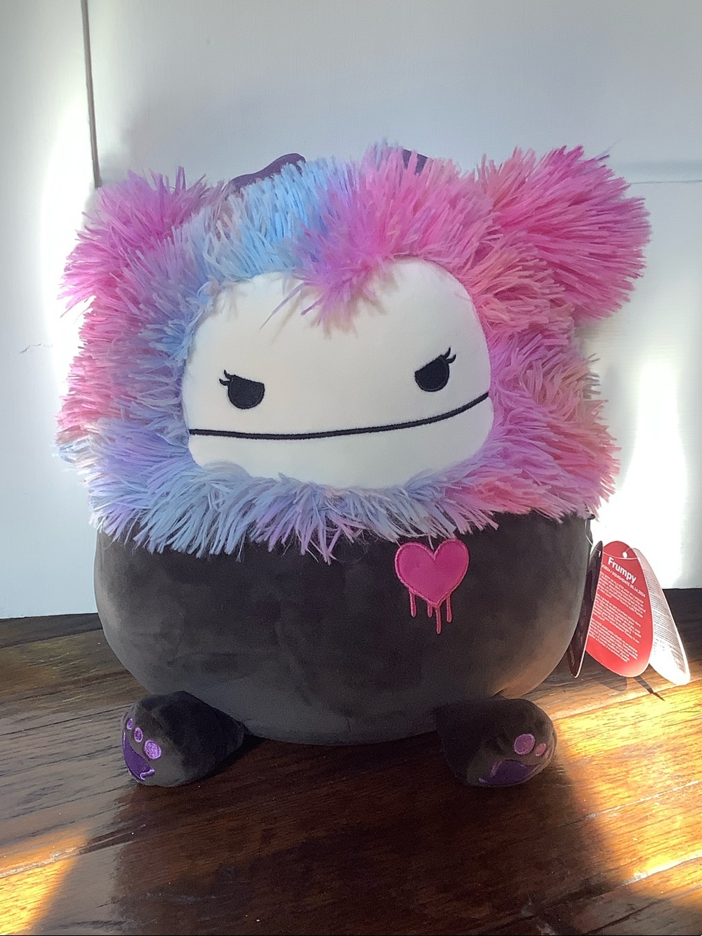 Squishmallows Frumpy Plush Tag with Rainbow Pastel Fur and Black Body